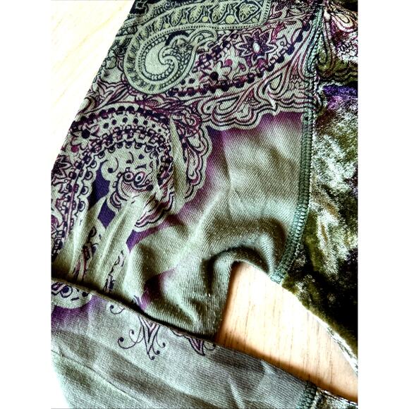 One World Green Multi Velvet Top Med-L Embroidered Flare Sleeve Whimsigoth Boho - Picture 4 of 11